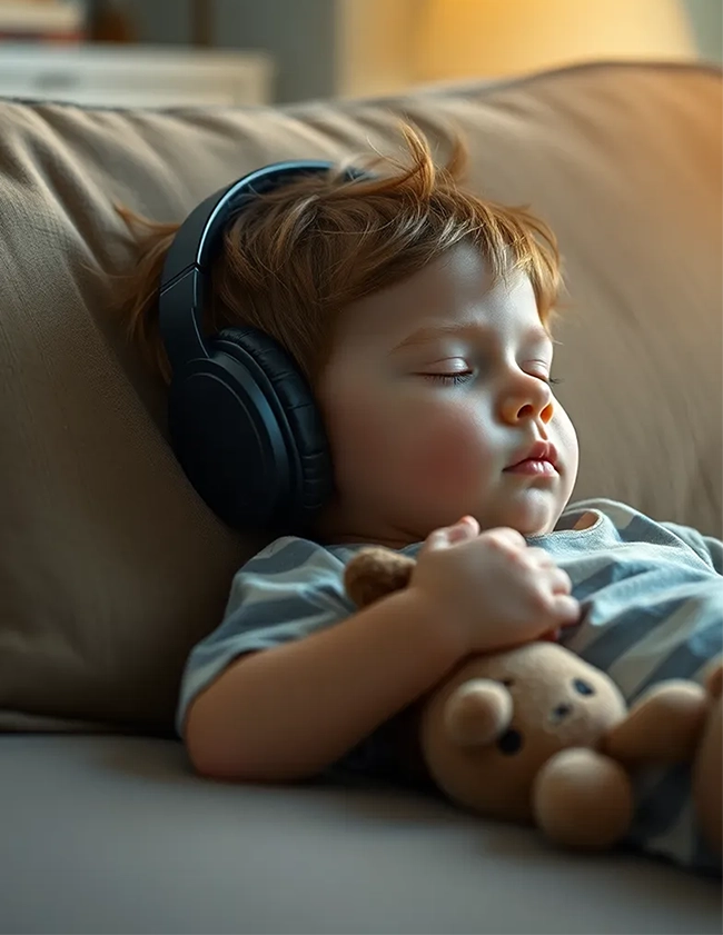 Self-hypnosis & Meditation A child with headphones, immersed in self-hypnosis, holds a teddy bear and peacefully sleeps on a sofa. - Mind Massage