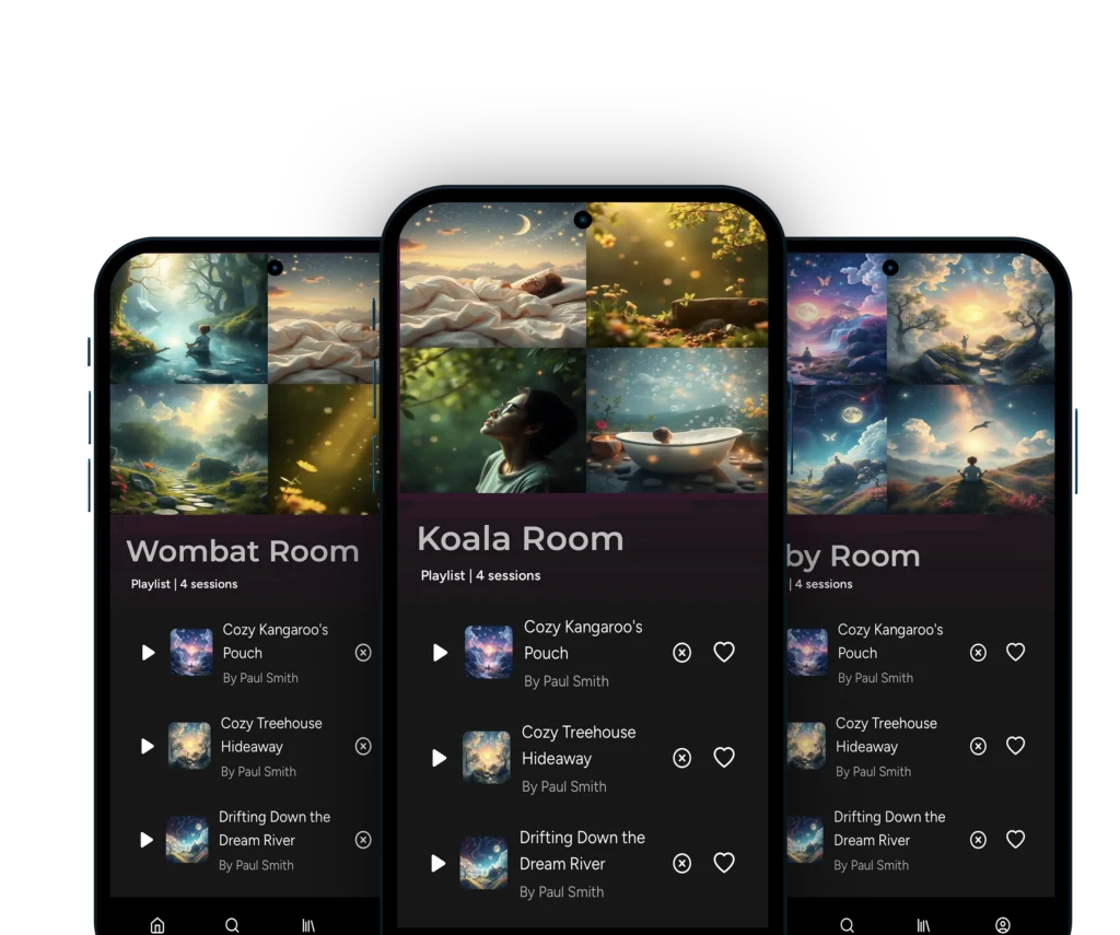 Self-hypnosis & Meditation Three smartphone screens showcase playlists titled Wombat Room, Koala Room, and Platypus Room, each adorned with serene nature-themed artwork, perfect for setting a calming atmosphere in leading childcare centers. - Mind Massage