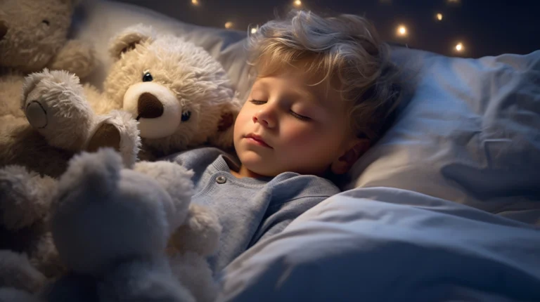 Self-hypnosis & Meditation A young child sleeps peacefully in bed, cuddling a teddy bear. The room, softly illuminated, features star-like decorations that evoke serenity. It's a perfect environment promoting natural melatonin production for restful sleep among young children. - Mind Massage